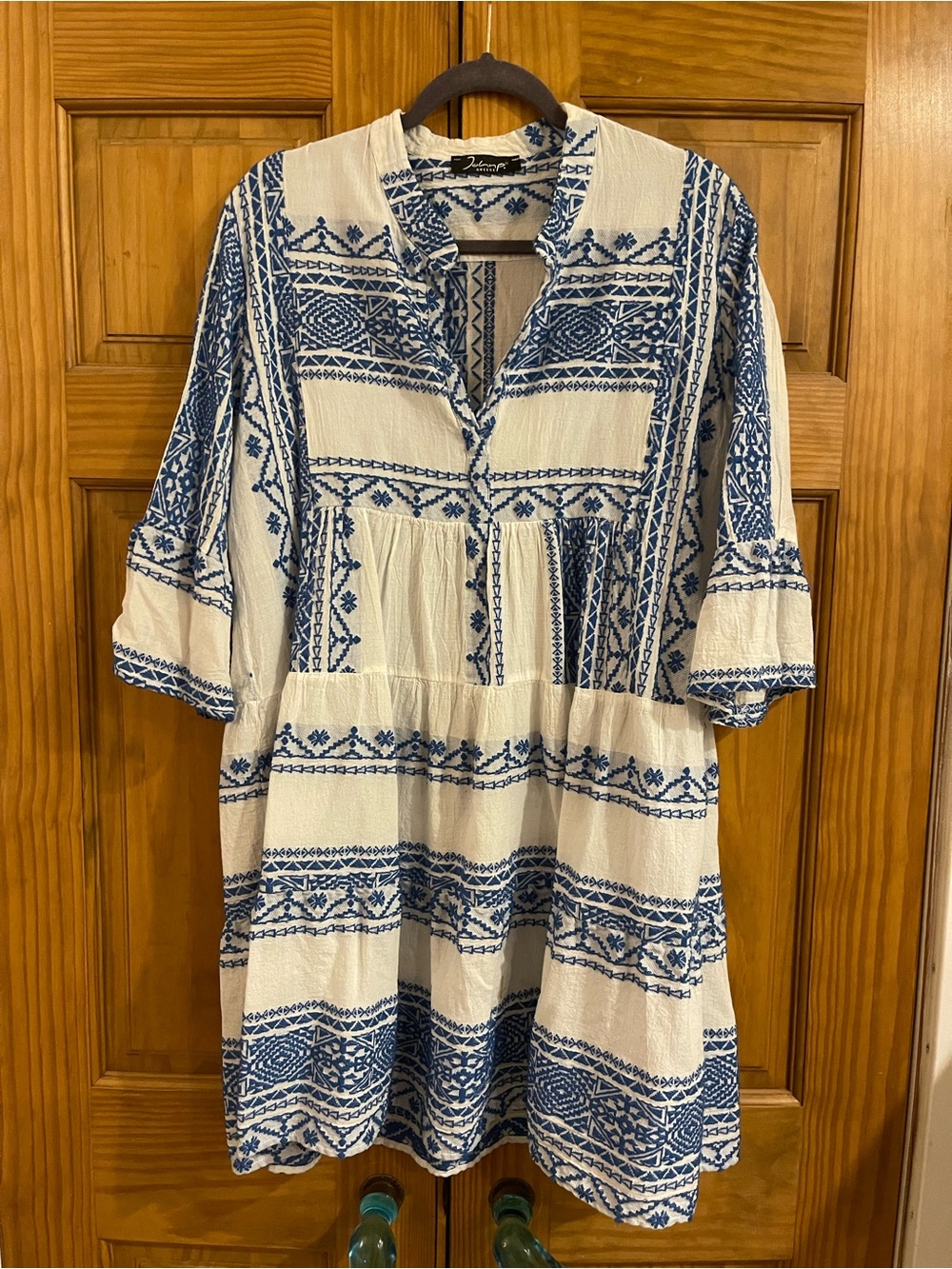 Blue & White Embroidered Long-Sleeve Tunic Dress
